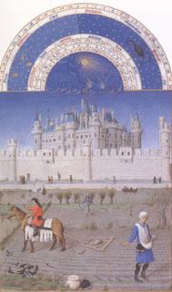 LIMBOURG brothers The medieval Louvre is in the background of the October calendar page (mk05) oil painting picture